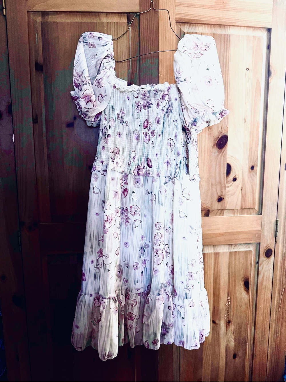 Smocked Puff-Sleeve Floral Midi Dress in Light Pink